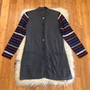 Bob Mackie Wearable Art Multicolor Stripes Button Down Grey Sweater Cardigan M